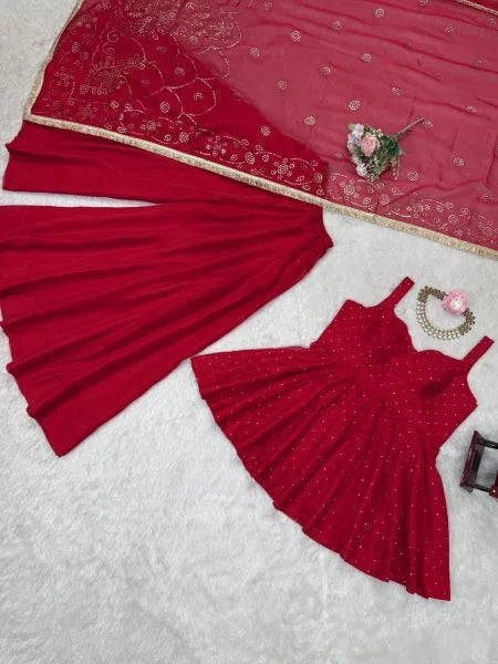 Designer Wine Red Anarkali Suit Set Premium Tabby Organza Mukesh Handcrafted Work