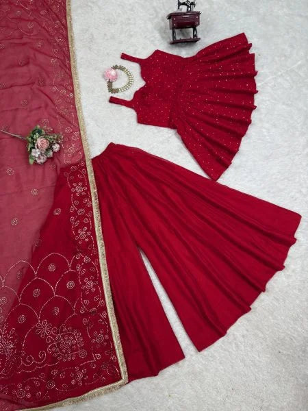 Designer Wine Red Anarkali Suit Set Premium Tabby Organza Mukesh Handcrafted Work
