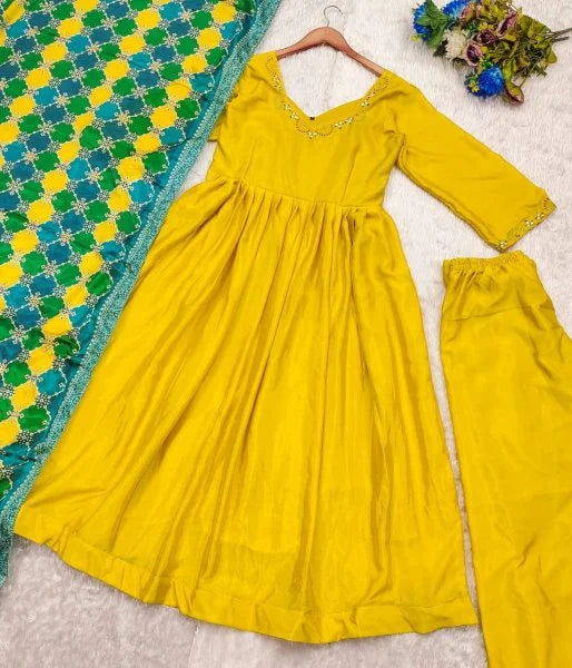 Classic Yellow Chinnon Silk Embroidered Anarkali with Dupatta