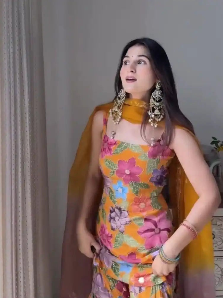 Chic Chinnon Silk Digital Print Sharara Suits – Modern Ethnic Fusion
