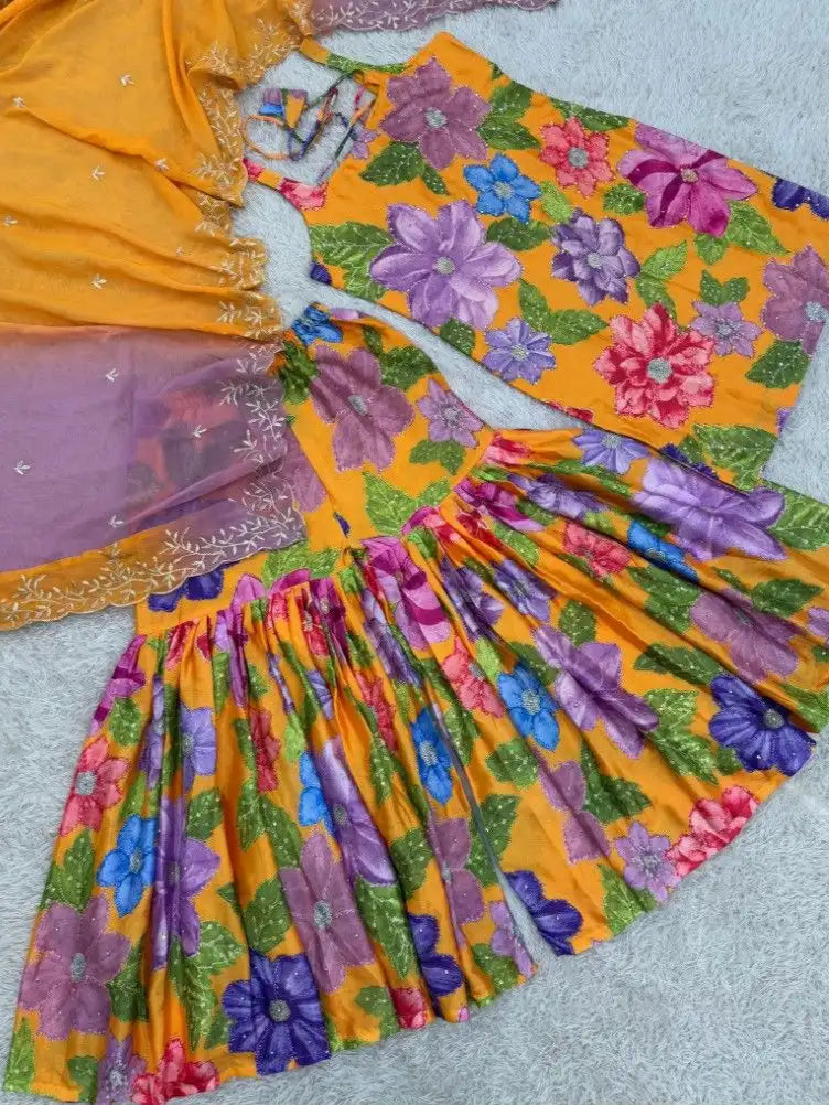 Chic Chinnon Silk Digital Print Sharara Suits – Modern Ethnic Fusion