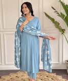 Sky Blue Color Viscose Chanderi Suit With Embroidery