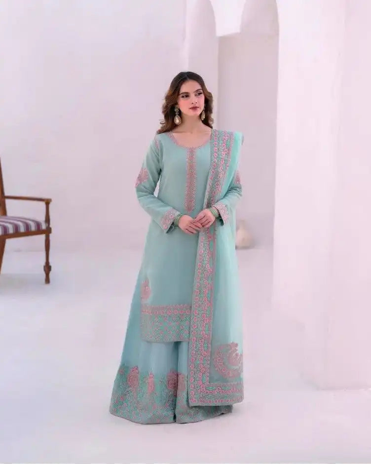 Pakistani Roman Silk Palazzo Suit Set