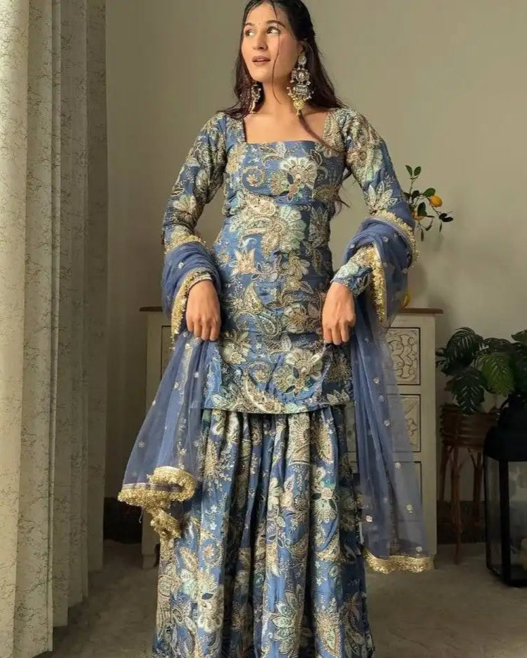 Trendy Chinnon Printed Kurti Sharara Set – Light & Comfortable Ethnic Outfit