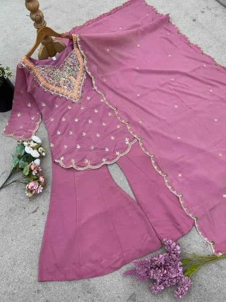Elegant Pink Silk Palazzo Set with Dupatta – Trendy Party Wear Ensemble