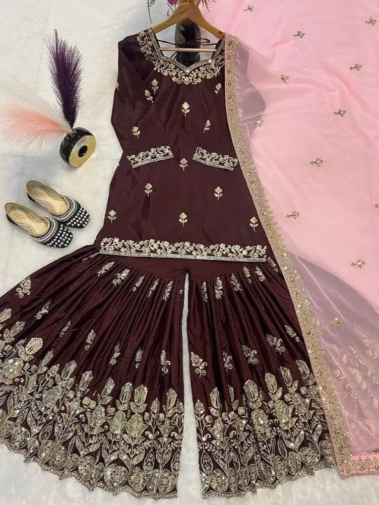 Classic Natural Crepe Embroidered Sharara Suit – Stylish Comfort Meets Tradition