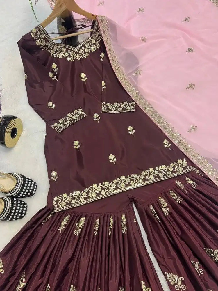 Classic Natural Crepe Embroidered Sharara Suit – Stylish Comfort Meets Tradition