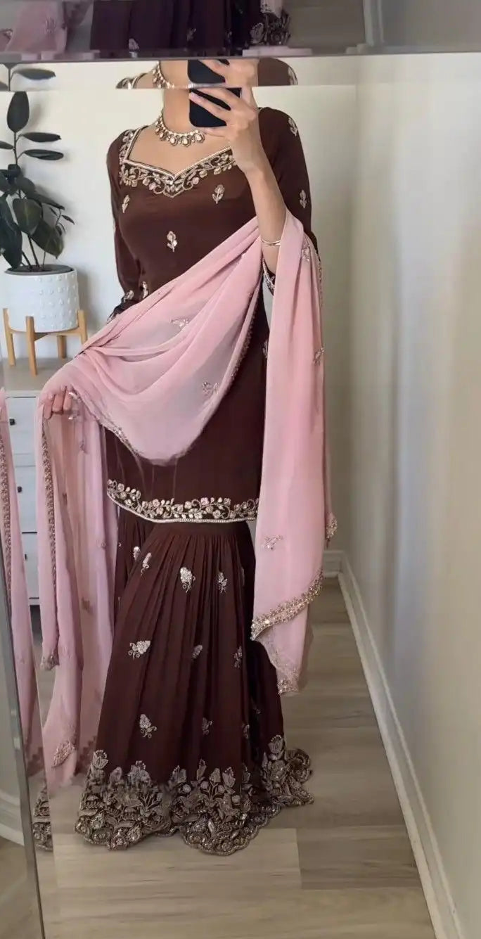 Classic Natural Crepe Embroidered Sharara Suit – Stylish Comfort Meets Tradition