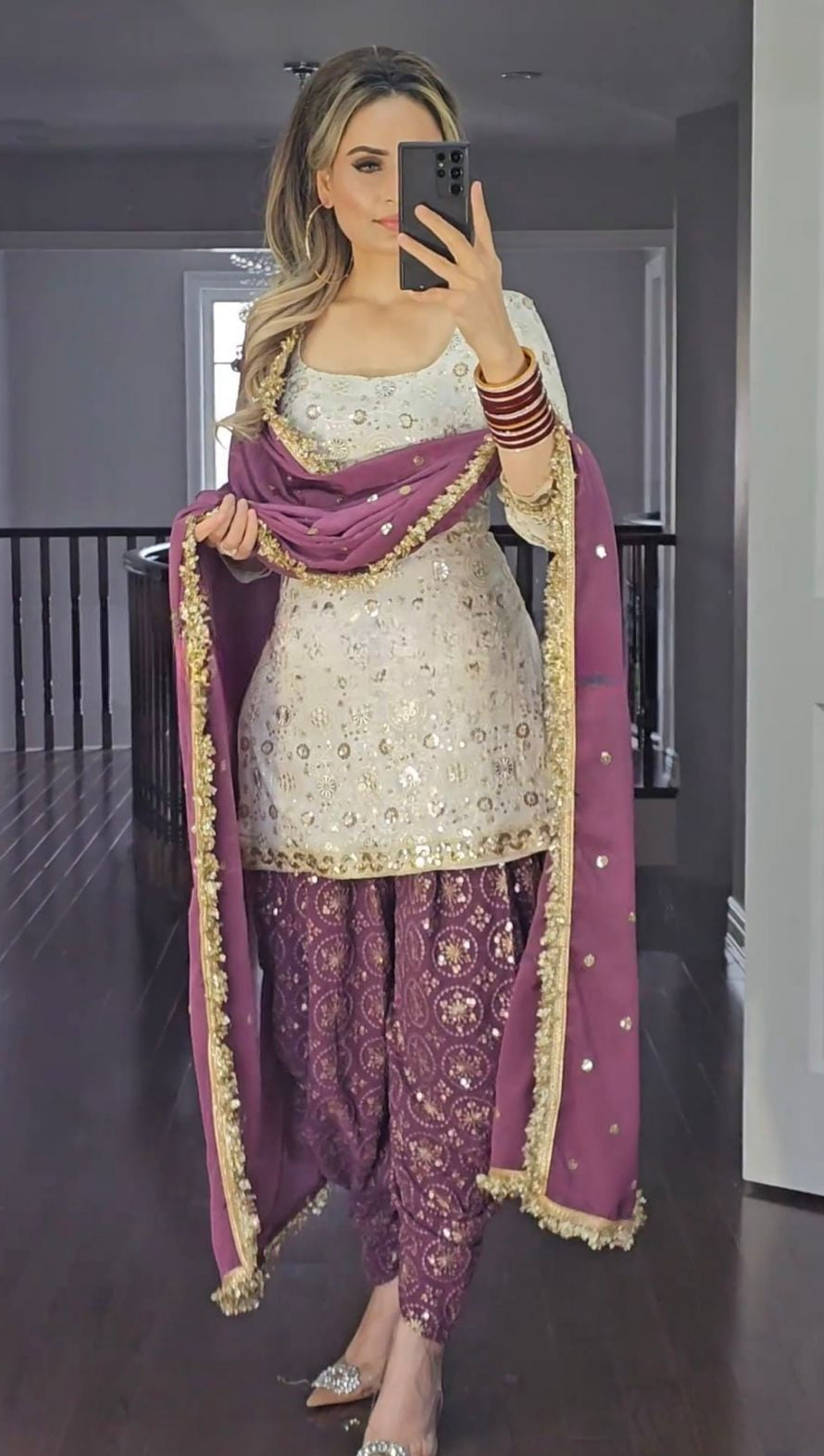 Pakistani Style Faux Georgette Top Dhoti With Dupatta