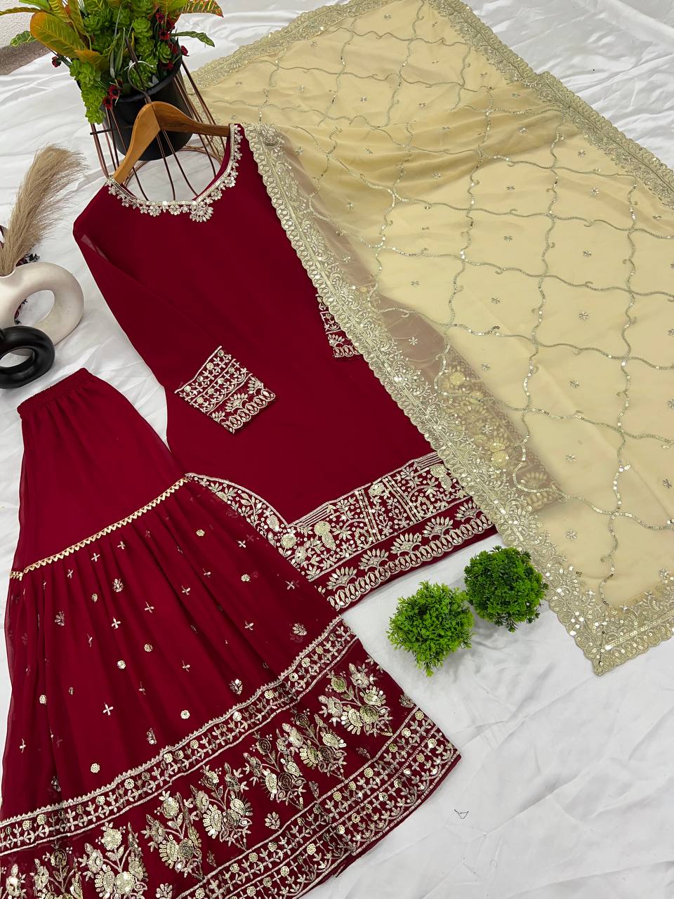 Show-Stopping Heavy Faux Georgette Kurti with Sharara – Perfect for Special Occasions
