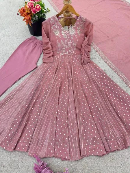 Pink Crunchy Silk Sequence Embroidery Anarkali Gown Suit