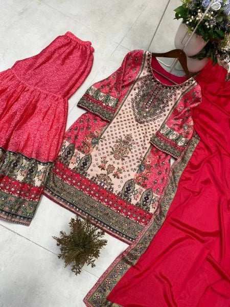 Red Chinnon Mirror Work Sharara Suit