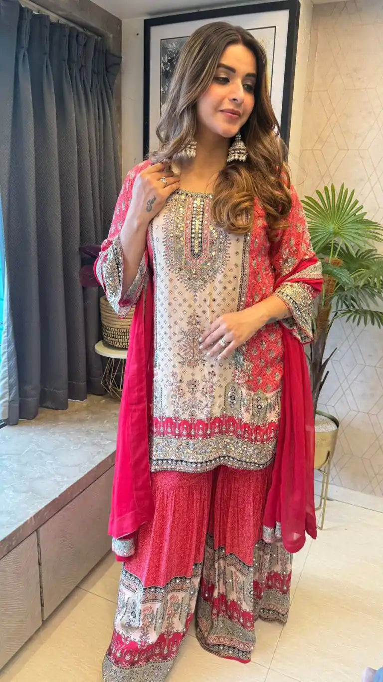Red Chinnon Mirror Work Sharara Suit