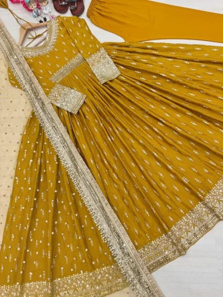 Yellow Chinnon Silk Anarkali Gown with Dupatta