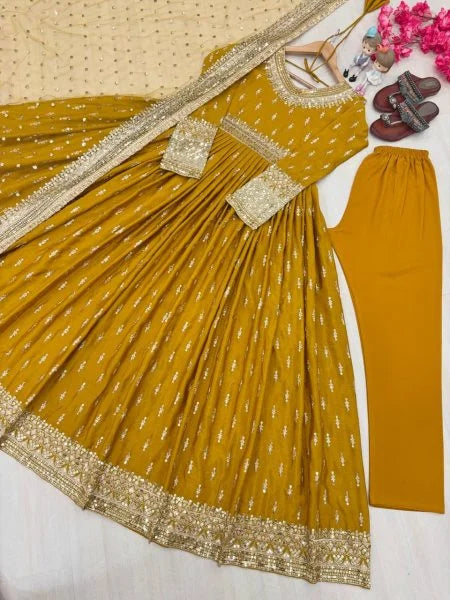Yellow Chinnon Silk Anarkali Gown with Dupatta