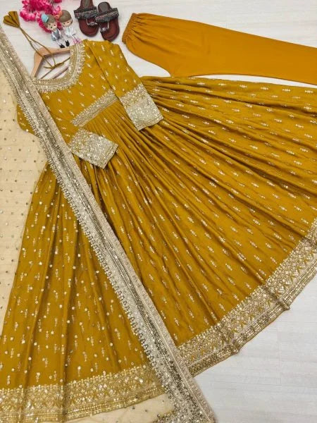 Yellow Chinnon Silk Anarkali Gown with Dupatta