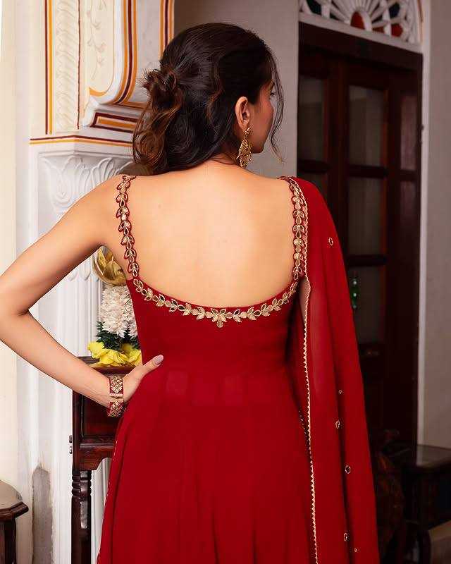 Red Designer Fox Georgette Gown Set with Palazzo