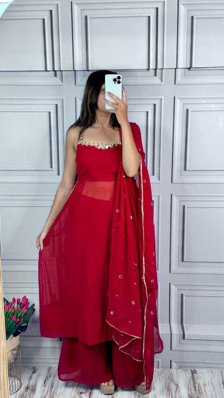 Red Designer Fox Georgette Gown Set with Palazzo