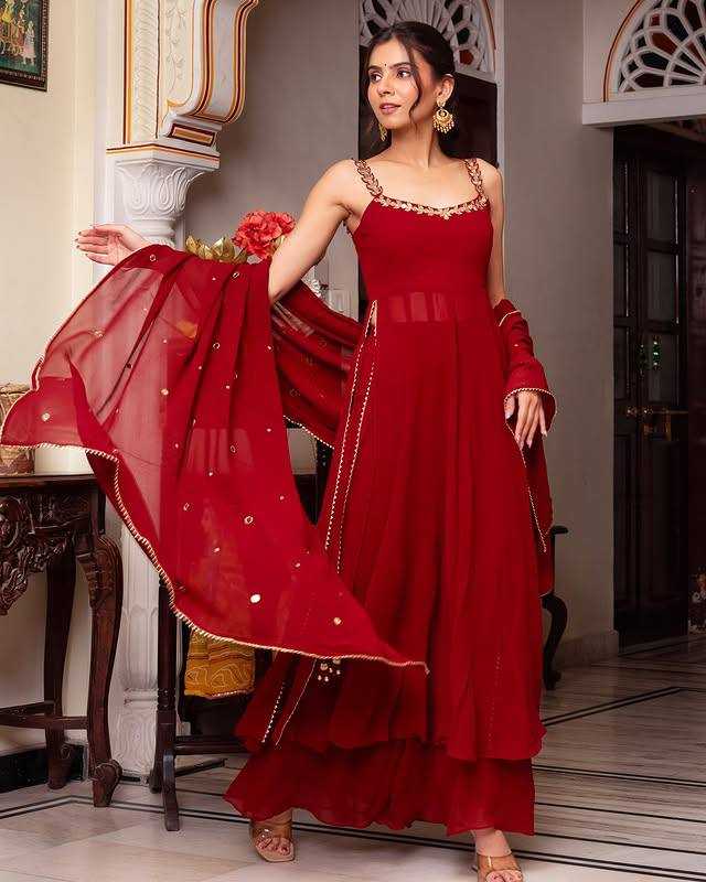 Red Designer Fox Georgette Gown Set with Palazzo