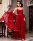 Red Designer Fox Georgette Gown Set with Palazzo