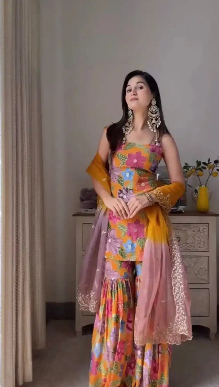 Chic Chinnon Silk Digital Print Sharara Suits – Modern Ethnic Fusion