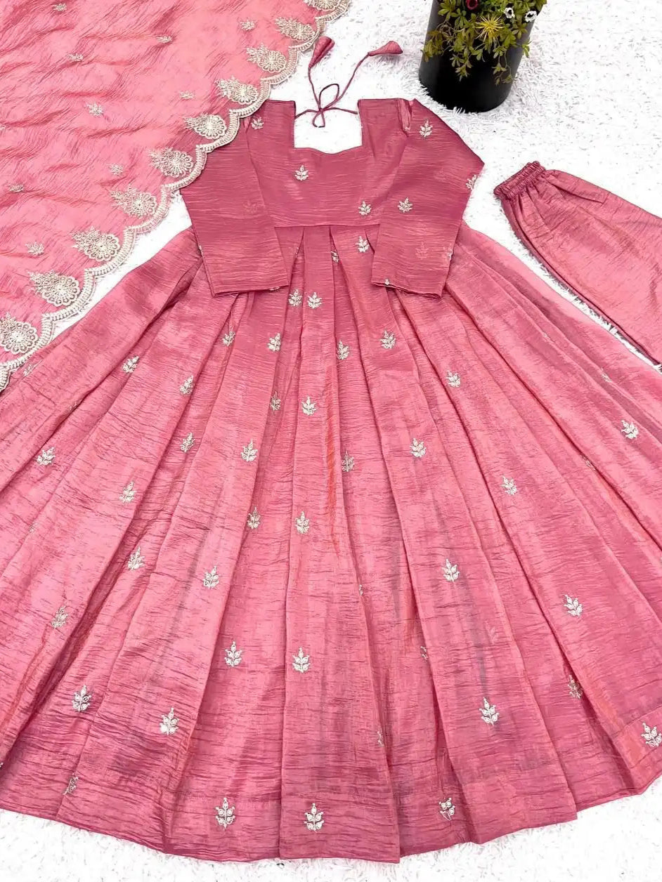 Classic Gold Crush Silk Gown With Dupatta